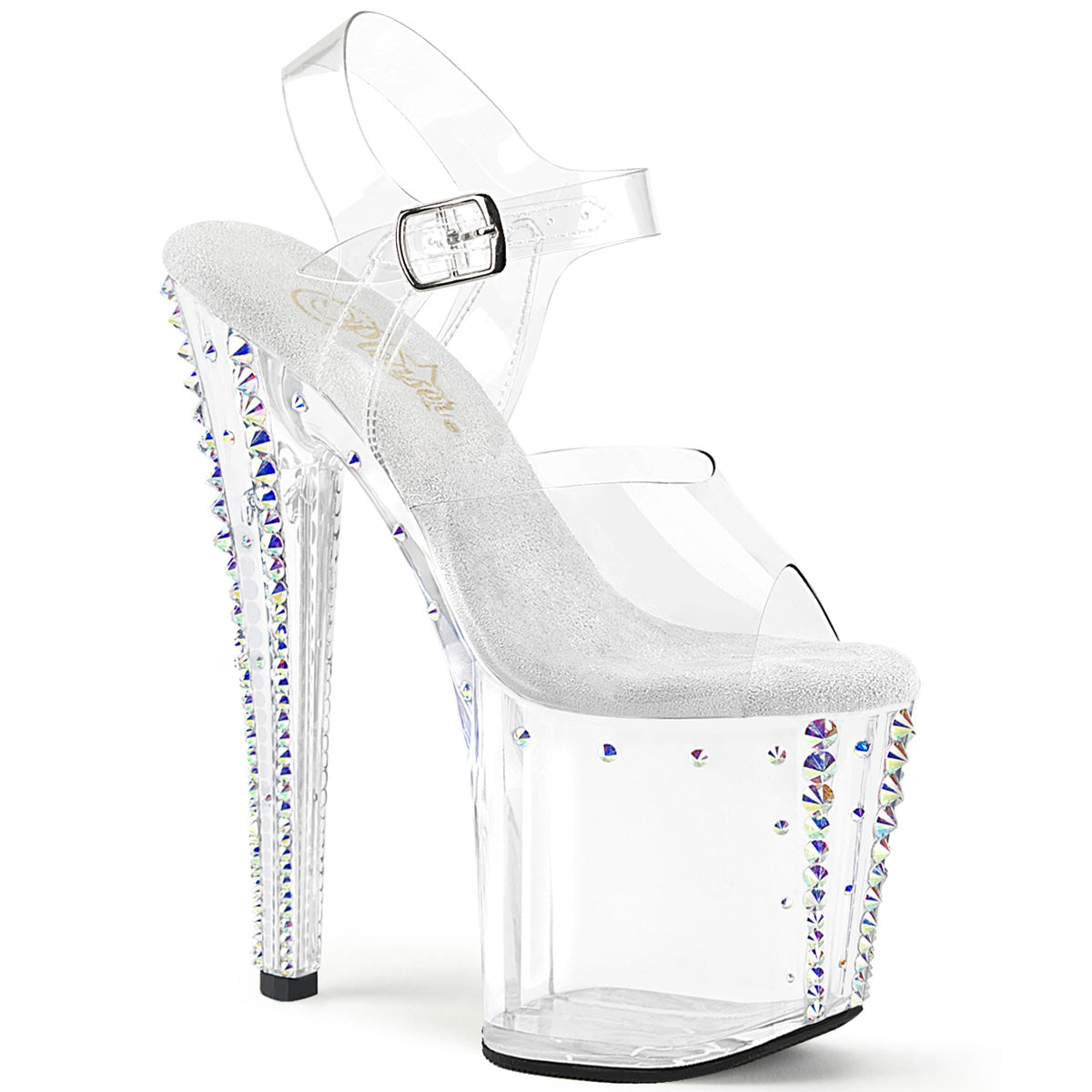 8" Heel, 3 3/4" PF Rhinestone Studded Ankle Strap Sandal (Pleaser ENC708RS-02/C/C-ABRS)