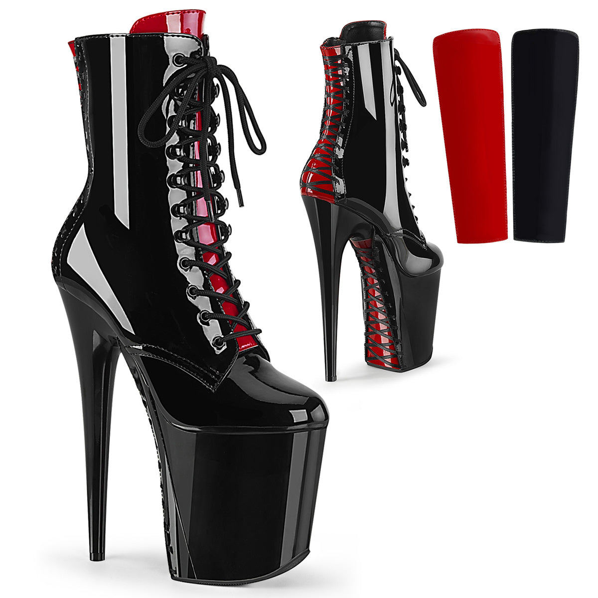 8" Heel, 4" PF Two Tone Lace-up Ankle Boot, Side Zip (Pleaser FLAM1020FH/B/M)