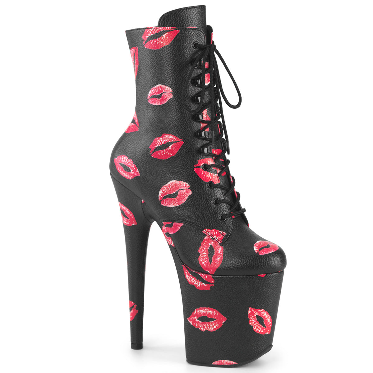 *8" Heel, 4" PF Lace-Up Lips Print Ankle Boot, Side Zip (Pleaser FLAM1020KISS/BPPU/M)