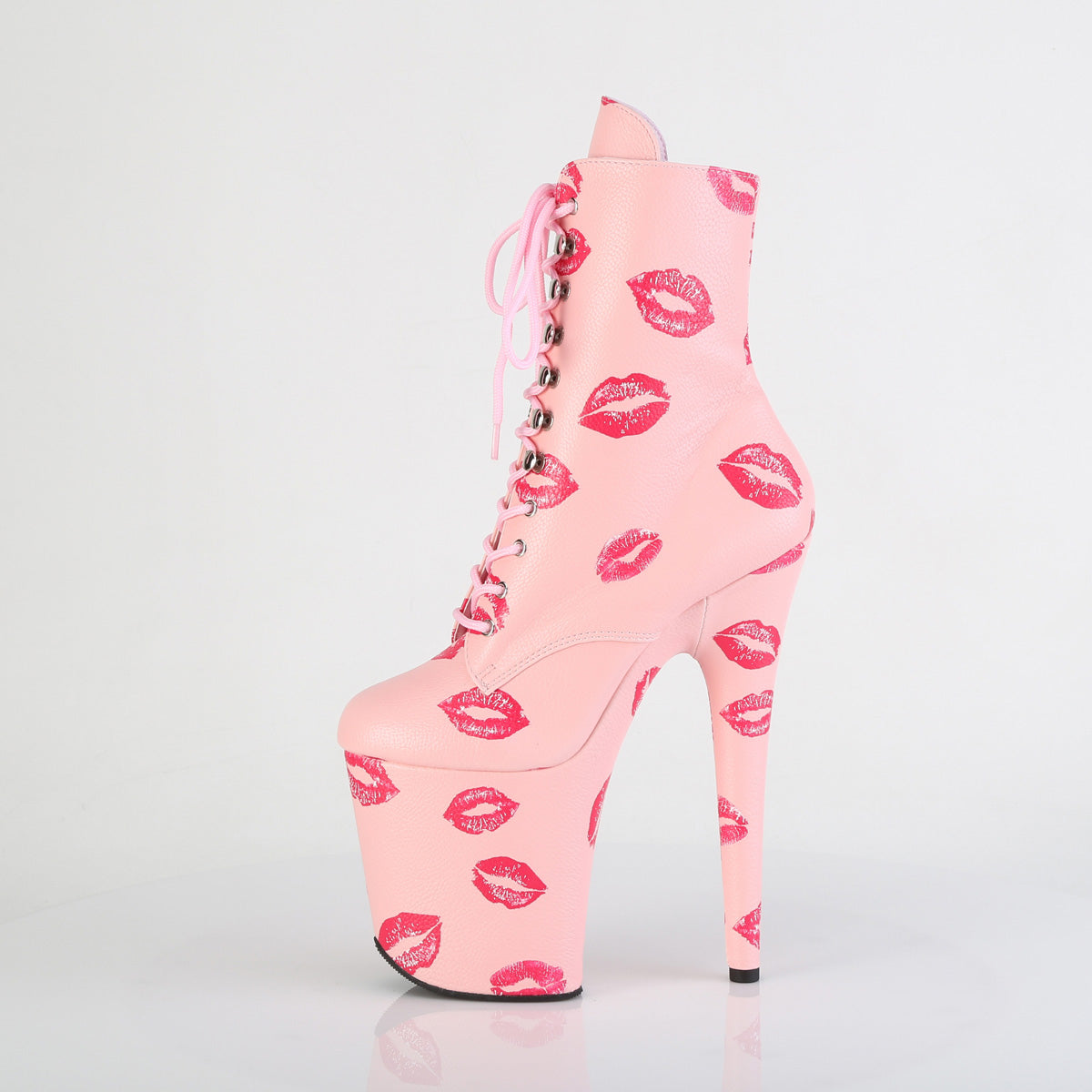 *8" Heel, 4" PF Lace-Up Lips Print Ankle Boot, Side Zip (Pleaser FLAM1020KISS/BPPU/M)