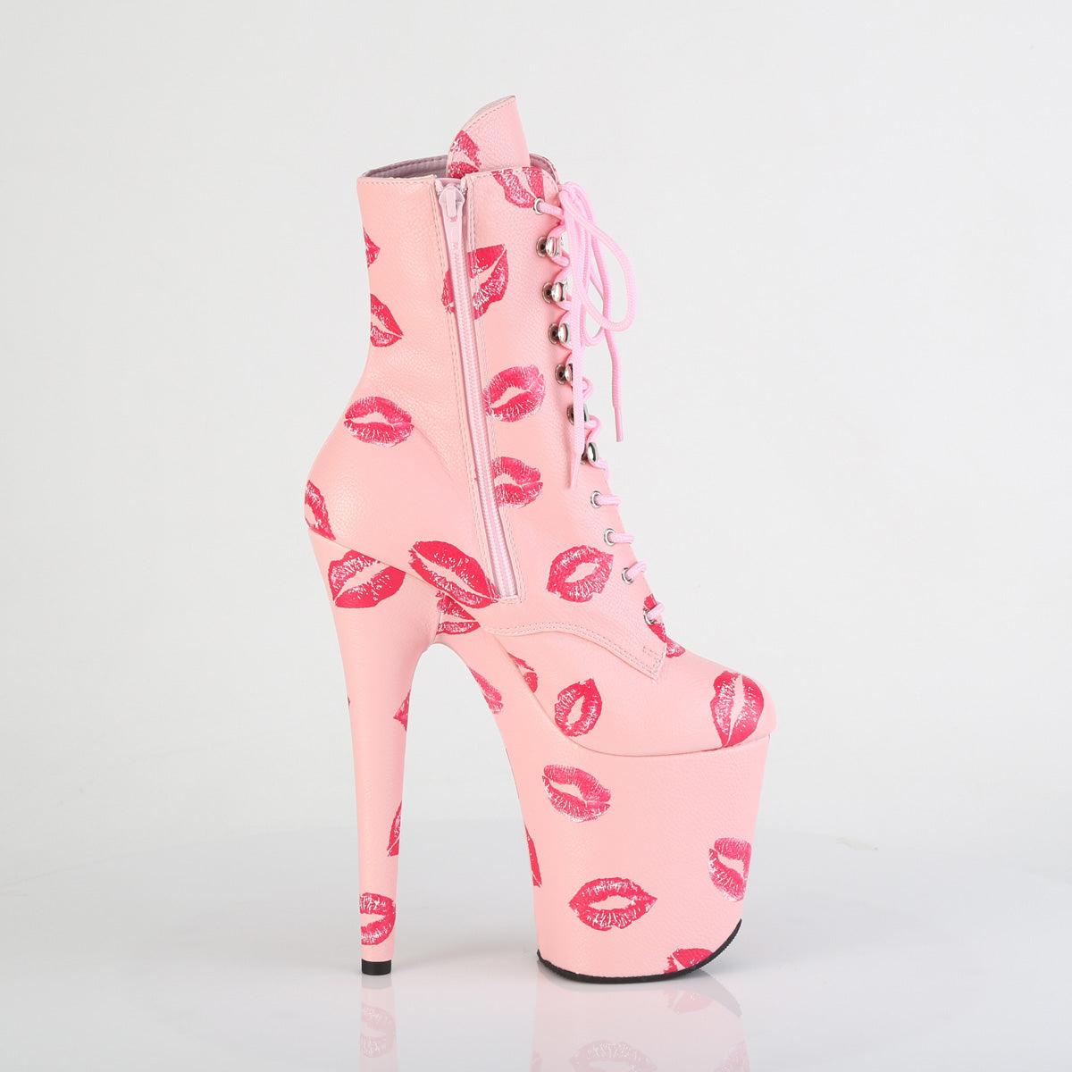 *8" Heel, 4" PF Lace-Up Lips Print Ankle Boot, Side Zip (Pleaser FLAM1020KISS/BPPU/M)