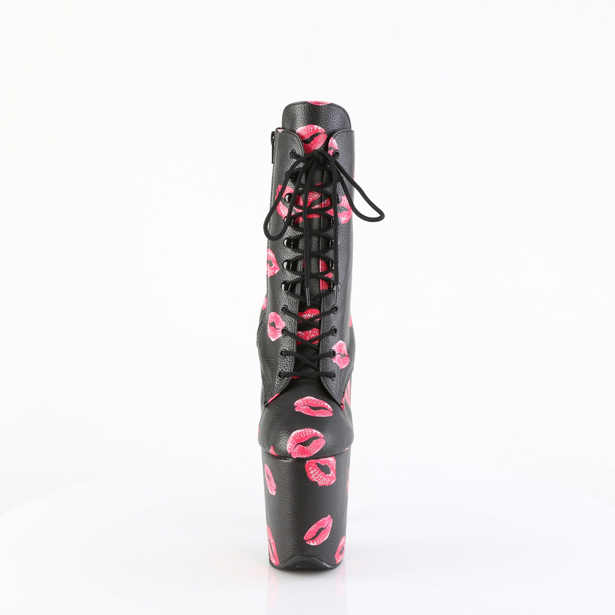 *8" Heel, 4" PF Lace-Up Lips Print Ankle Boot, Side Zip (Pleaser FLAM1020KISS/BPPU/M)