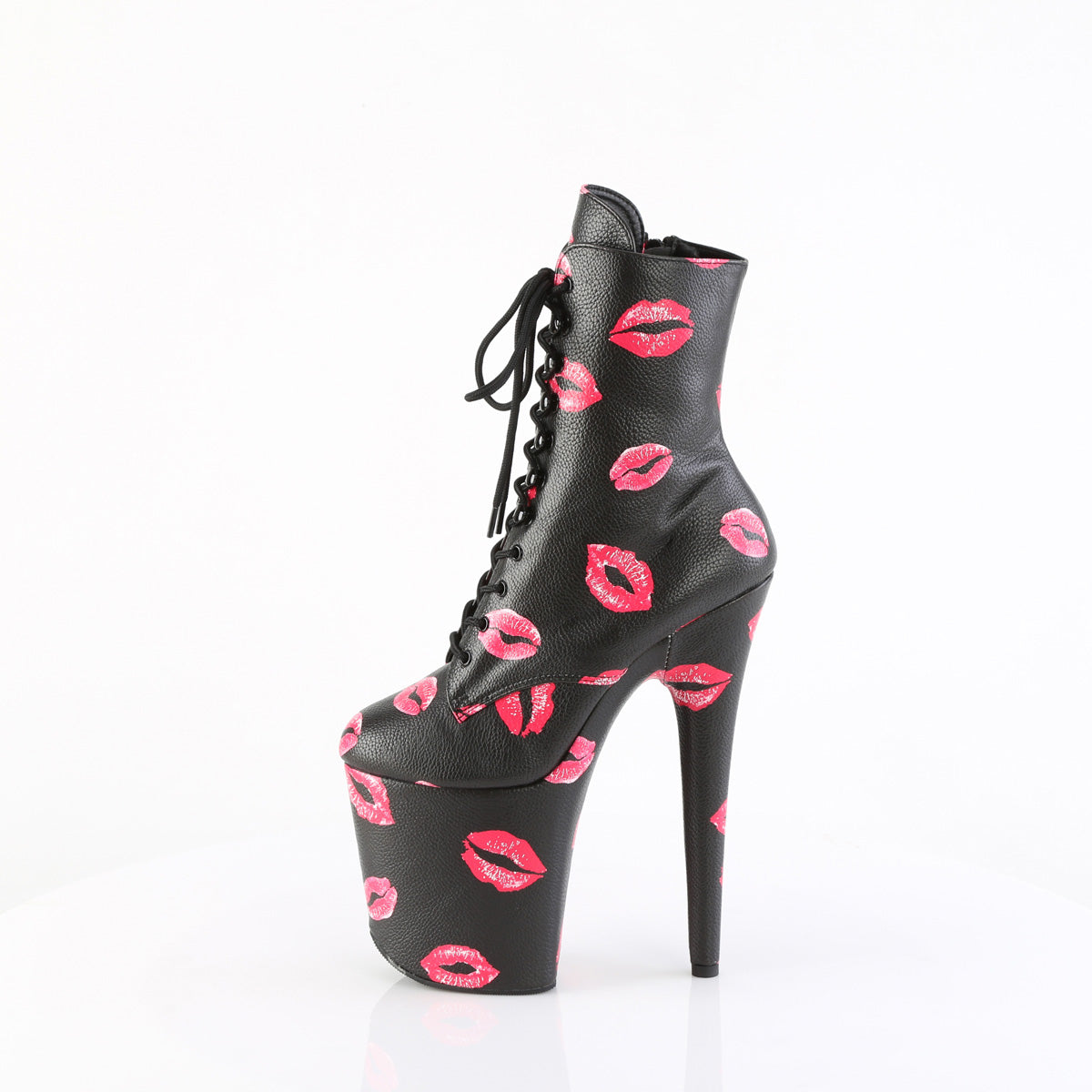 *8" Heel, 4" PF Lace-Up Lips Print Ankle Boot, Side Zip (Pleaser FLAM1020KISS/BPPU/M)
