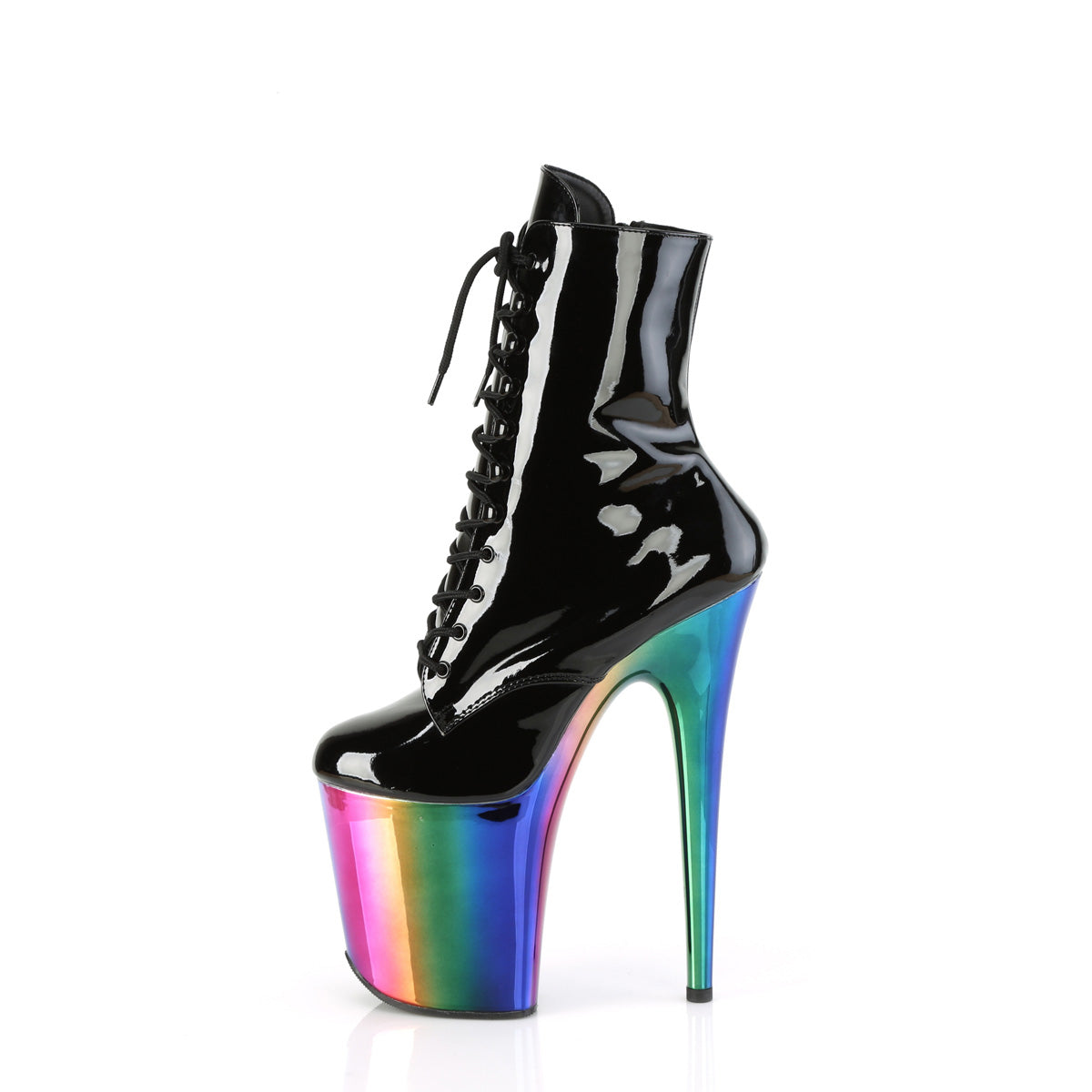 *8" Heel, 4" Chromed PF Lace-Up Ankle Boot, Side Zip (Pleaser FLAM1020RC/B/RBOWCH)