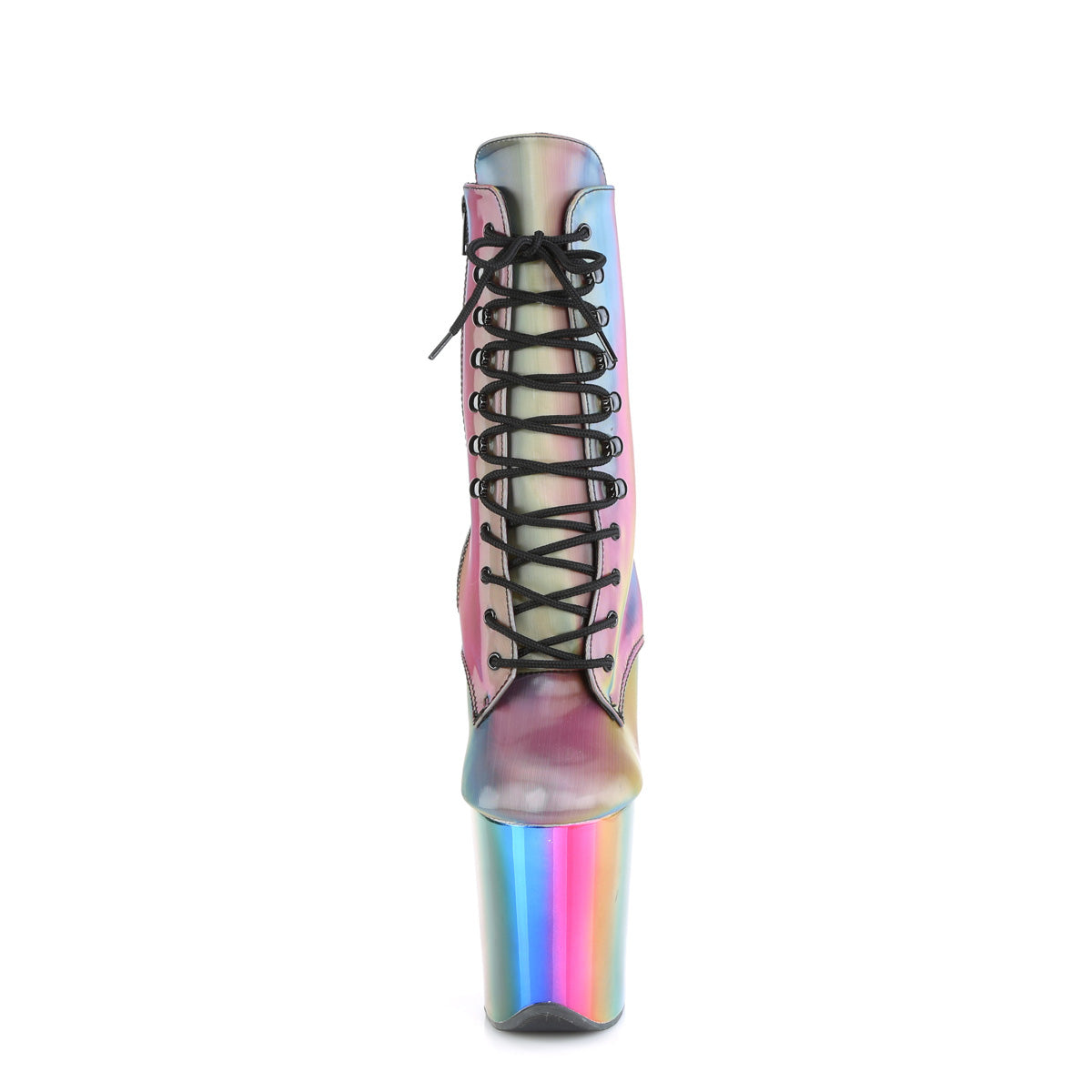 *8" Heel, 4" Chromed PF Lace-Up Ankle Boot, Side Zip (Pleaser FLAM1020RC/B/RBOWCH)