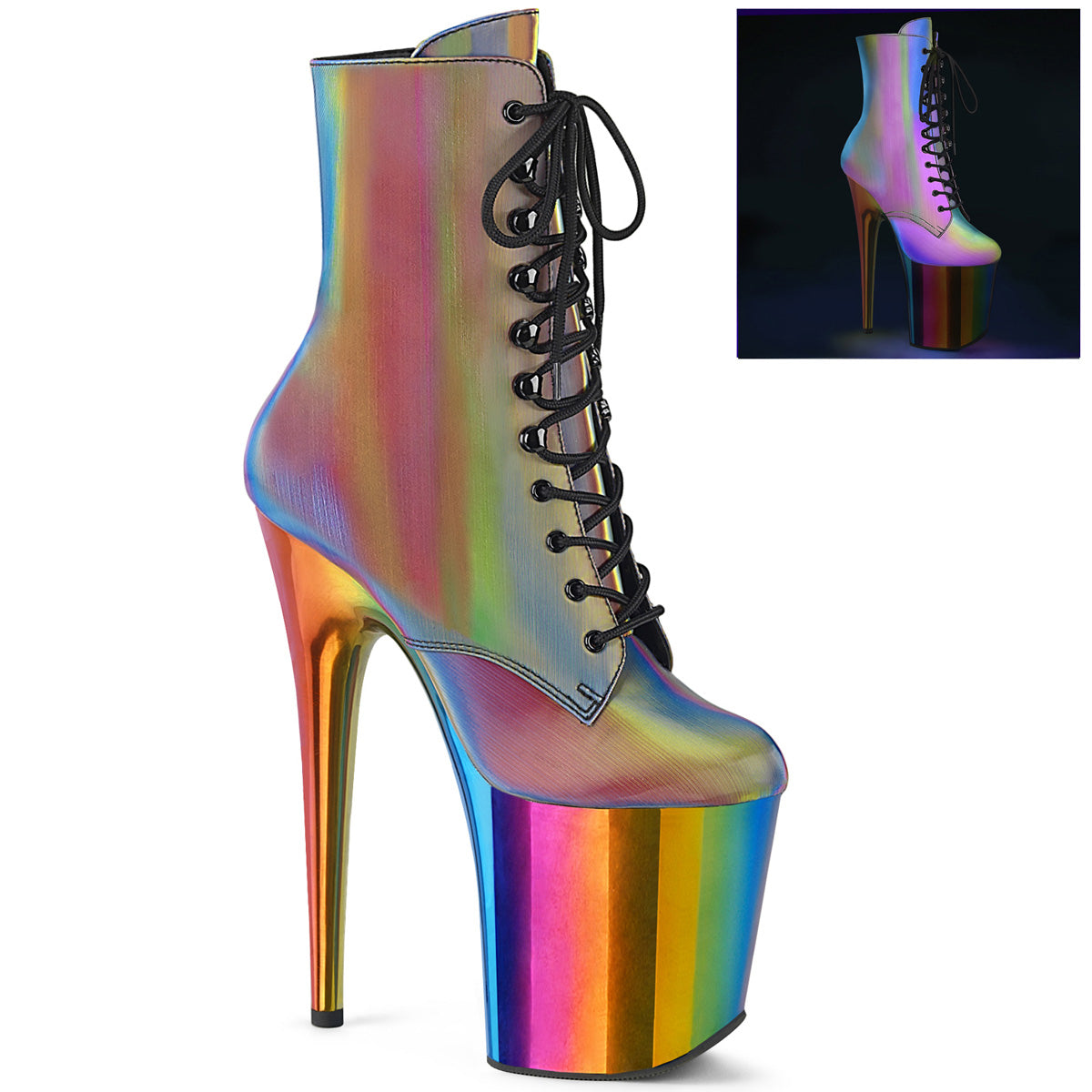 *8" Heel, 4" Chromed PF Lace-Up Ankle Boot, Side Zip (Pleaser FLAM1020RC/B/RBOWCH)
