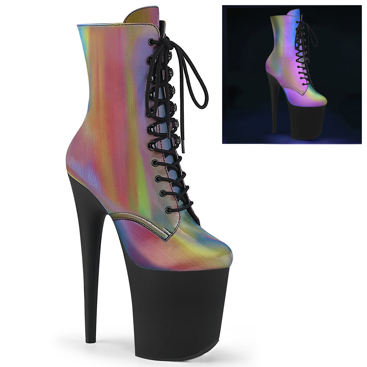 *8" Heel, 4" PF Lace-Up Front Ankle Boot, Side Zip (Pleaser FLAM1020REFL/GRNMC/B)