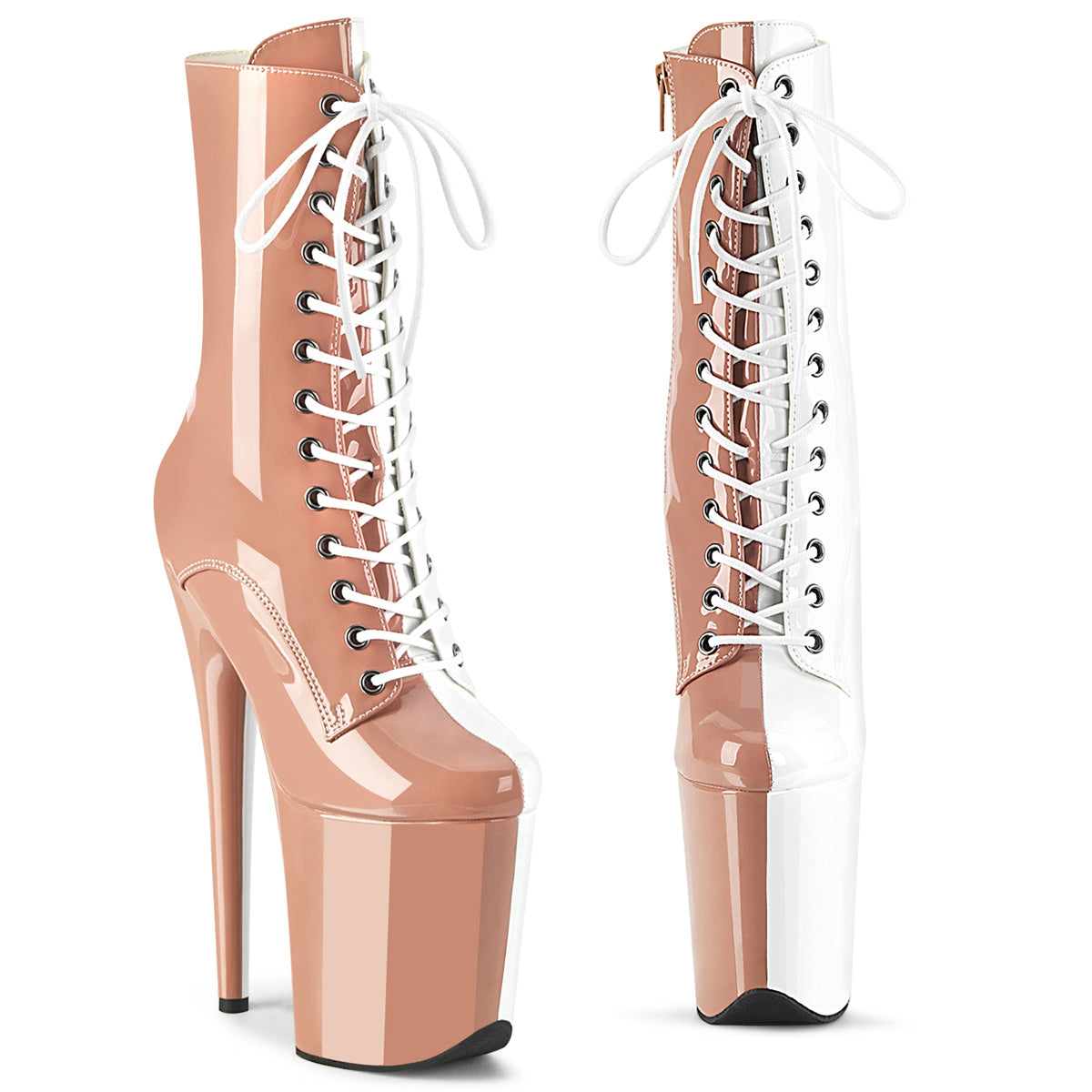 8" Heel, 4" PF Two Tone Lace-Up Ankle Boot, Side Zip (Pleaser FLAM1040TT/B-W/M)