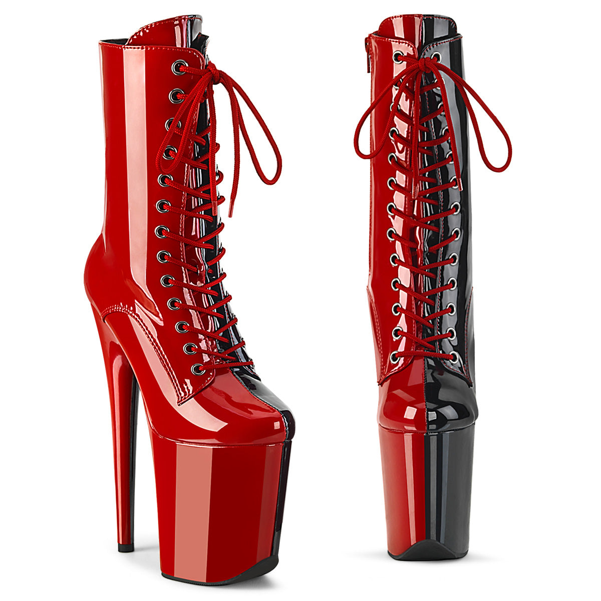 8" Heel, 4" PF Two Tone Lace-Up Ankle Boot, Side Zip (Pleaser FLAM1040TT/B-W/M)