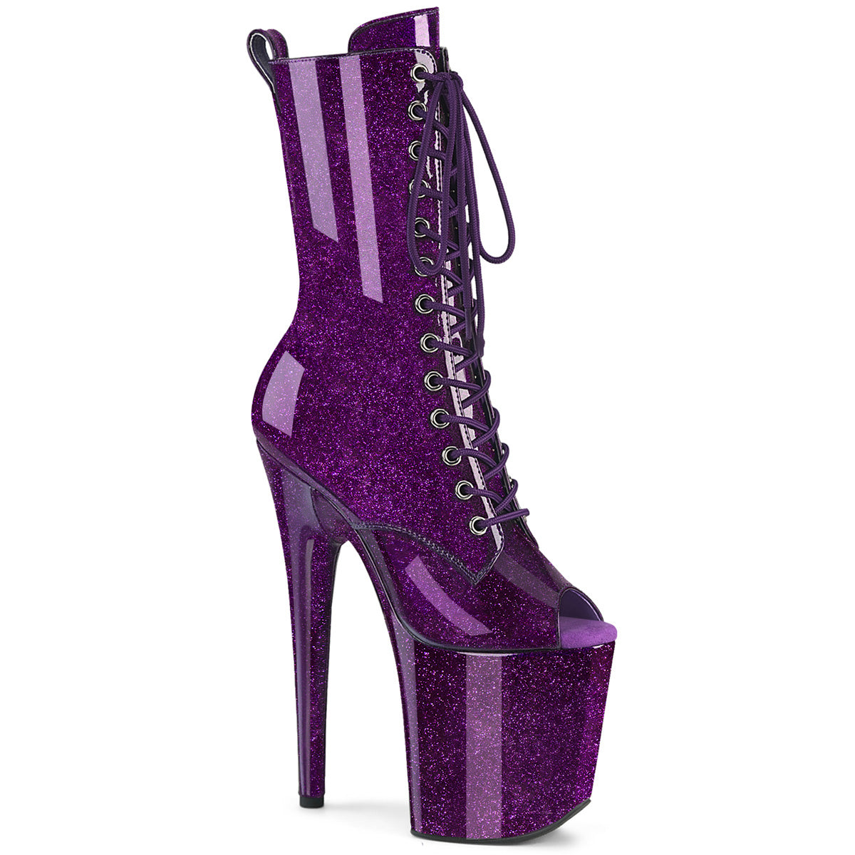 **8" Heel, 4" PF Peep Toe Lace-Up Ankle Boot, Side Zip (Pleaser FLAM1041GP/BG/M)