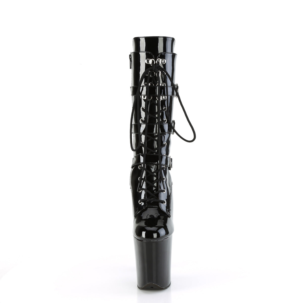 8" Heel, 4" PF Lace-Up Buckled Mid-Calf Boot, Side Zip (Pleaser FLAM1053/B/M)