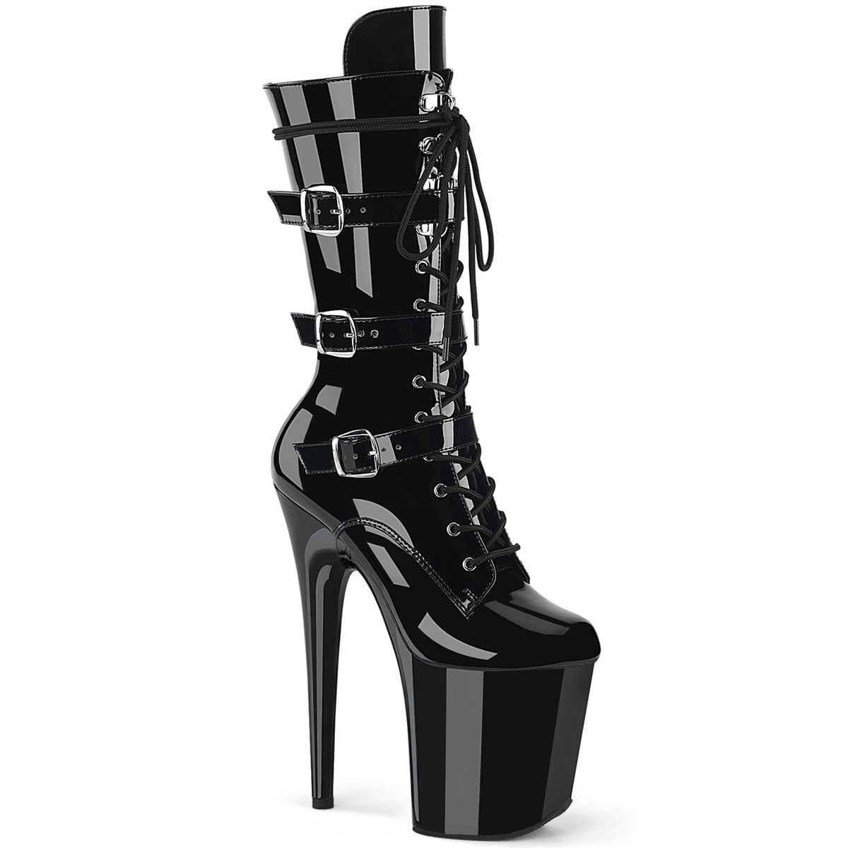 8" Heel, 4" PF Lace-Up Buckled Mid-Calf Boot, Side Zip (Pleaser FLAM1053/B/M)