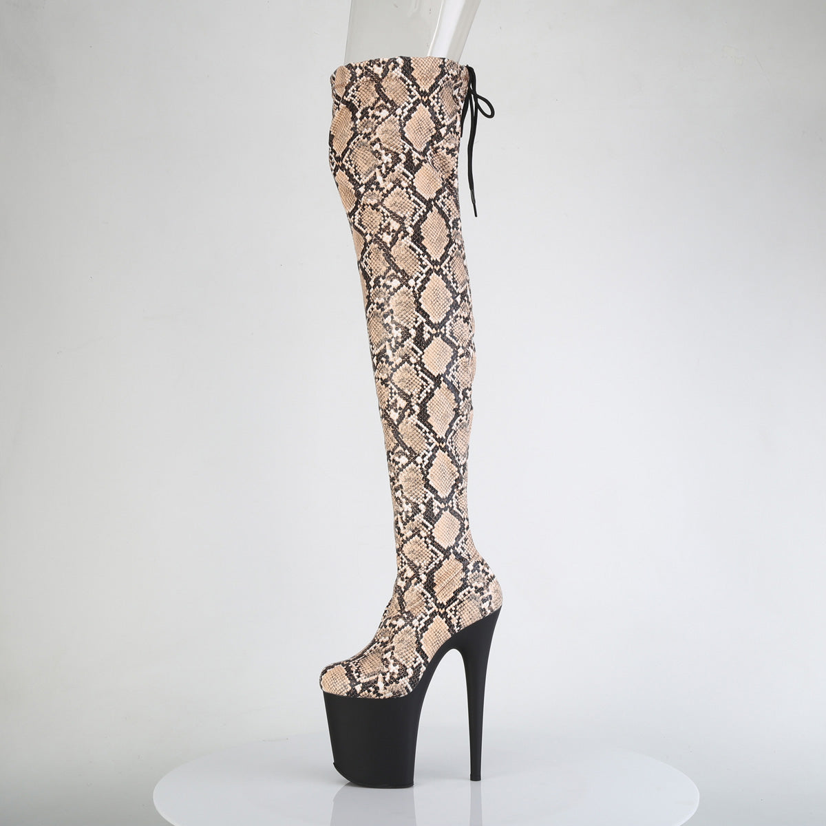 *8" Heel, 4" PF Stretch Snake Print Pull-On Thigh Boot (Pleaser FLAM3008SP-BT/GY-B/B)