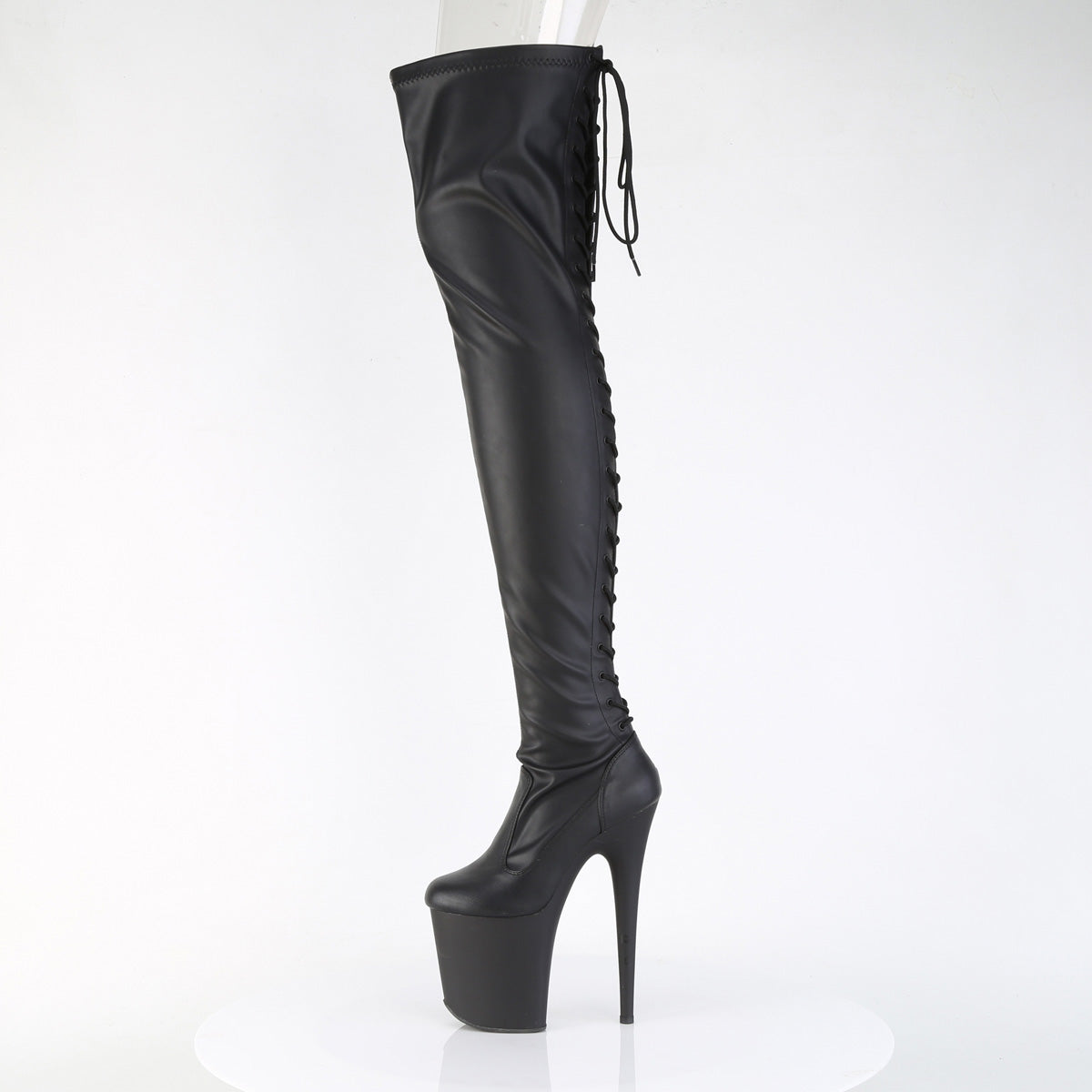 8" Heel, 4" PF Lace-Up Back Stretch Thigh Boot, Side Zip (Pleaser FLAM3850/B/M)
