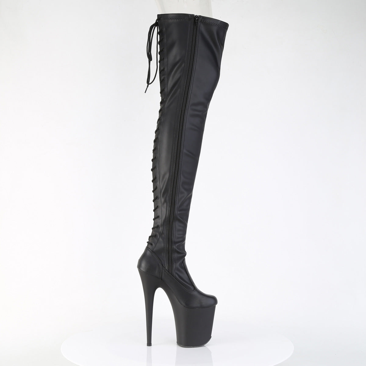 8" Heel, 4" PF Lace-Up Back Stretch Thigh Boot, Side Zip (Pleaser FLAM3850/B/M)