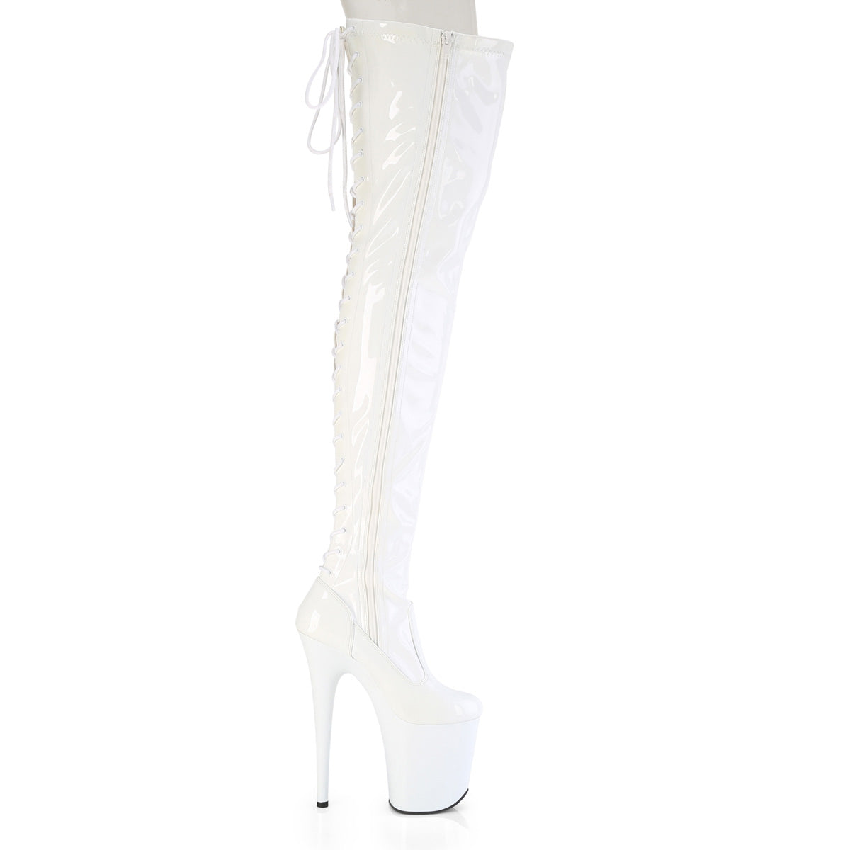 8" Heel, 4" PF Lace-Up Back Stretch Thigh Boot, Side Zip (Pleaser FLAM3850/B/M)