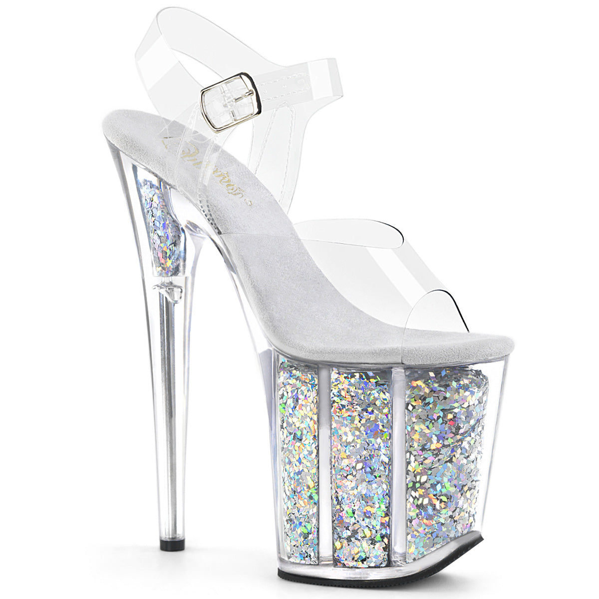 8" Heel, 4" Glitter Filled PF Ankle Strap Sandal (Pleaser FLAM808GF/C/SMCG)