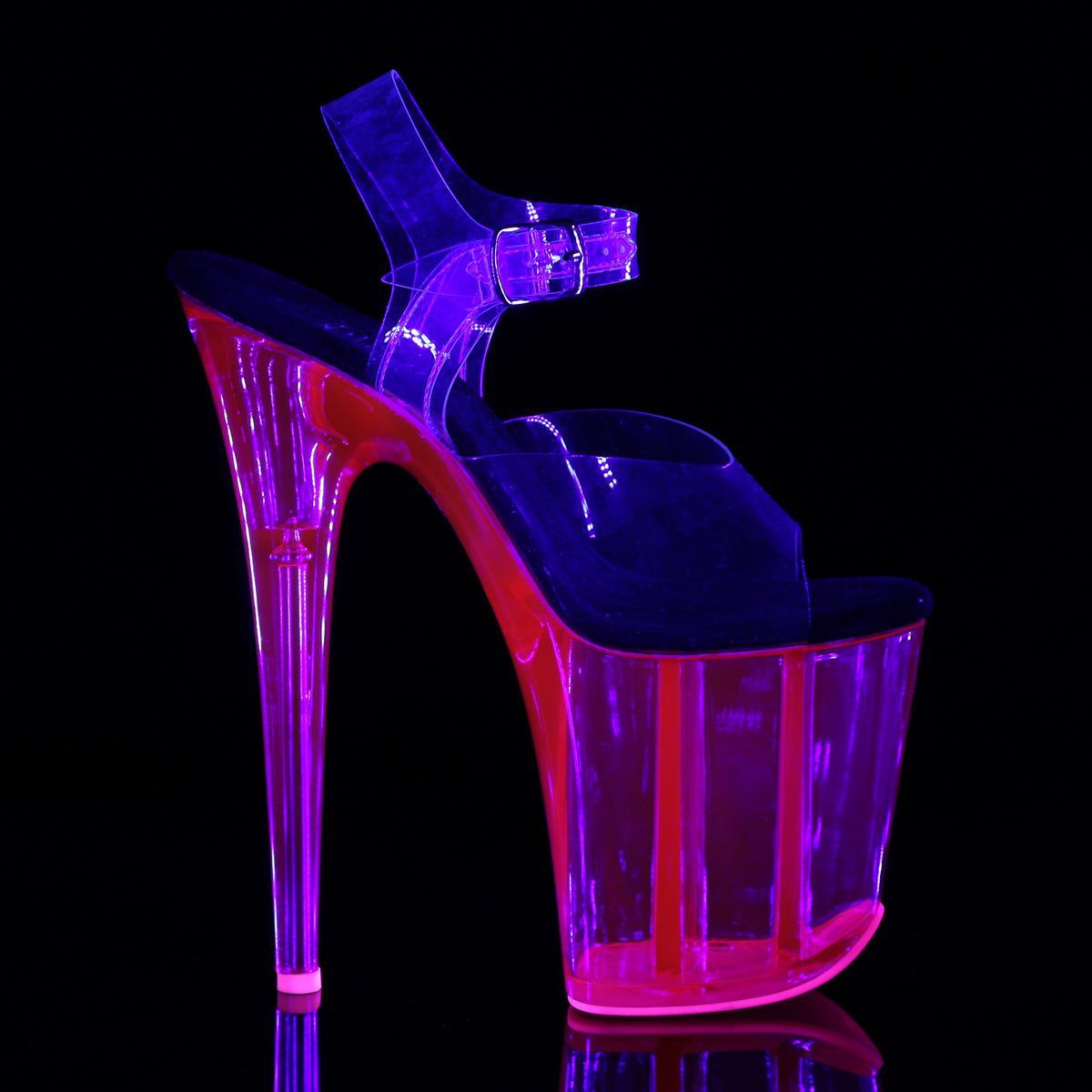 8" Heel, 4" UV Reactive Tinted PF Ankle Strap Sandal (Pleaser FLAM808UVT/C/HP)