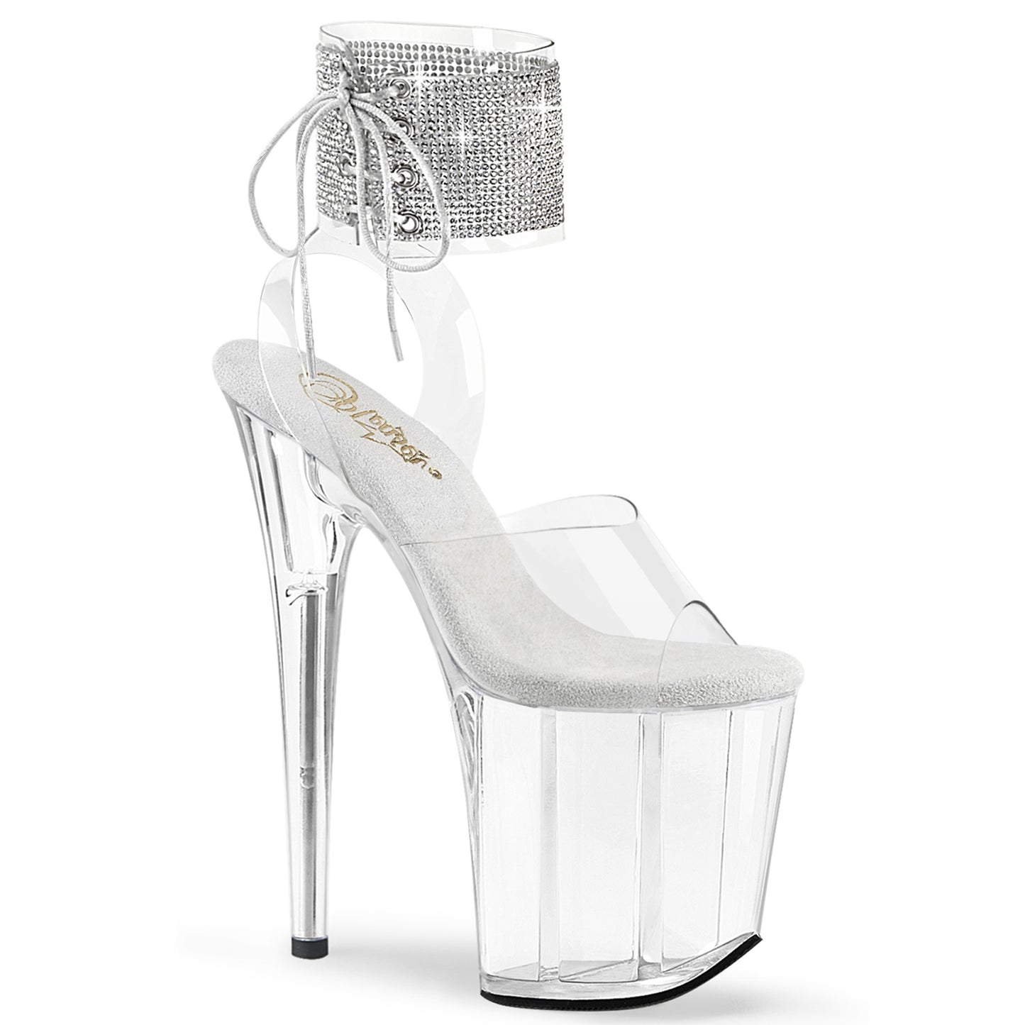 *8" Heel, 4" PF Rhinestoned Ankle Cuff Sandal (Pleaser FLAM891-2RS/C/B)