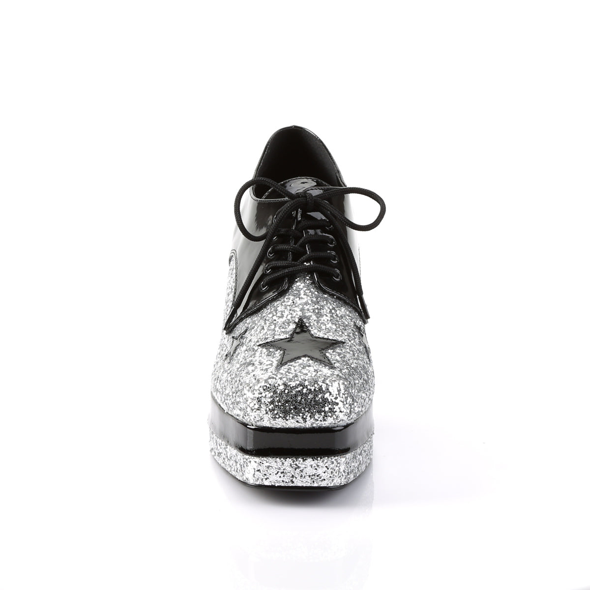3 1/2" Heel, 1 1/2" Stacked PF, Lace Up Black Glitter Oxford (Funtasma GLAM02/B/SG)