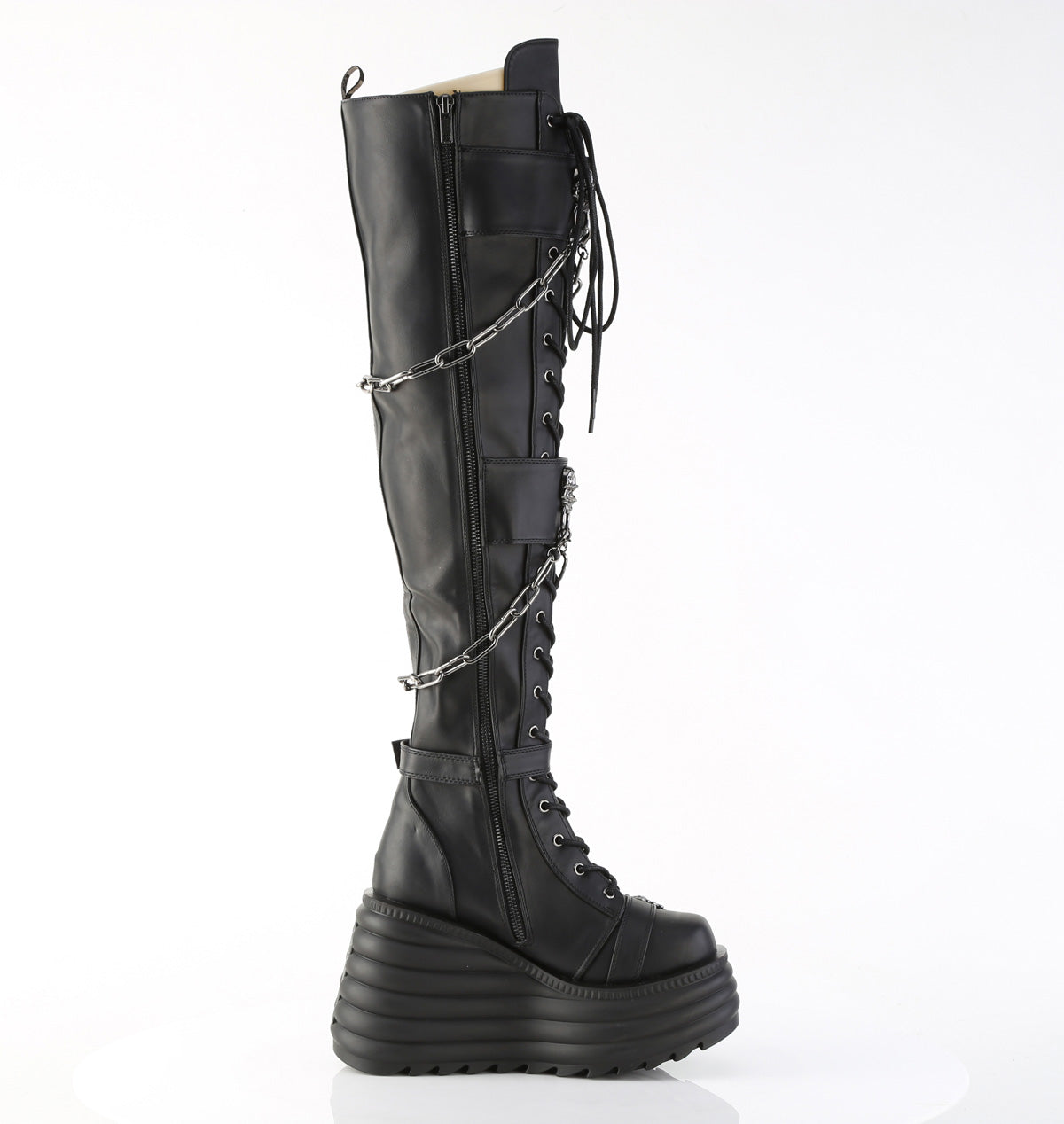4 1/2" Platform Lace-Up Thigh-High Boot, Inside Zip (Demonia MOR312/BVL)