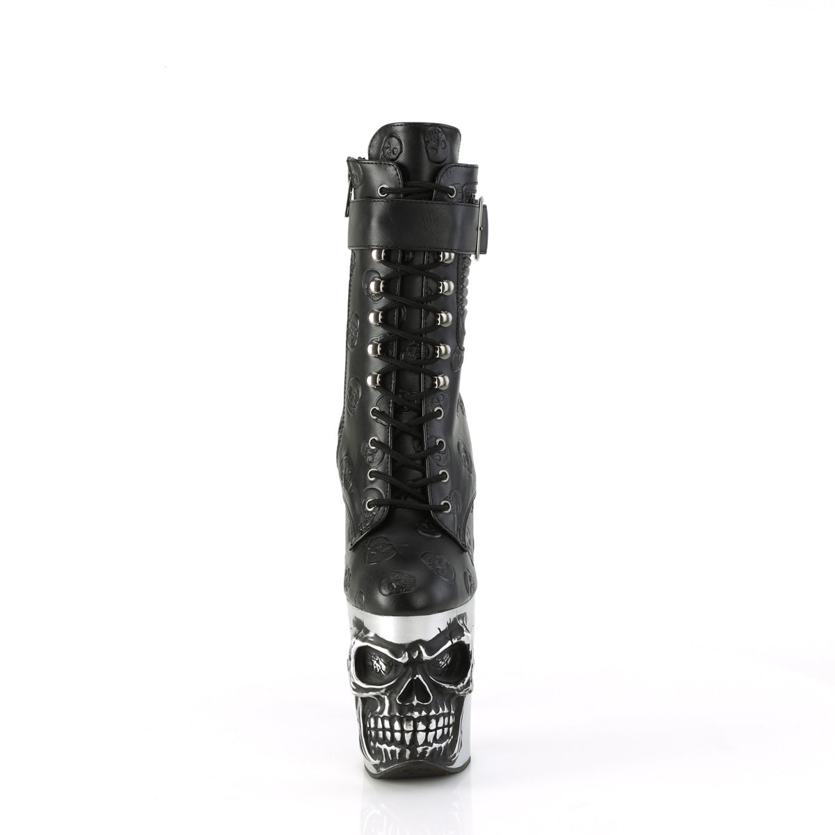 8" Finger Bone Heel, 4" Skull PF Ankle Boot, Inside Zip (Pleaser RAPT1020STR-02/BPU/S)