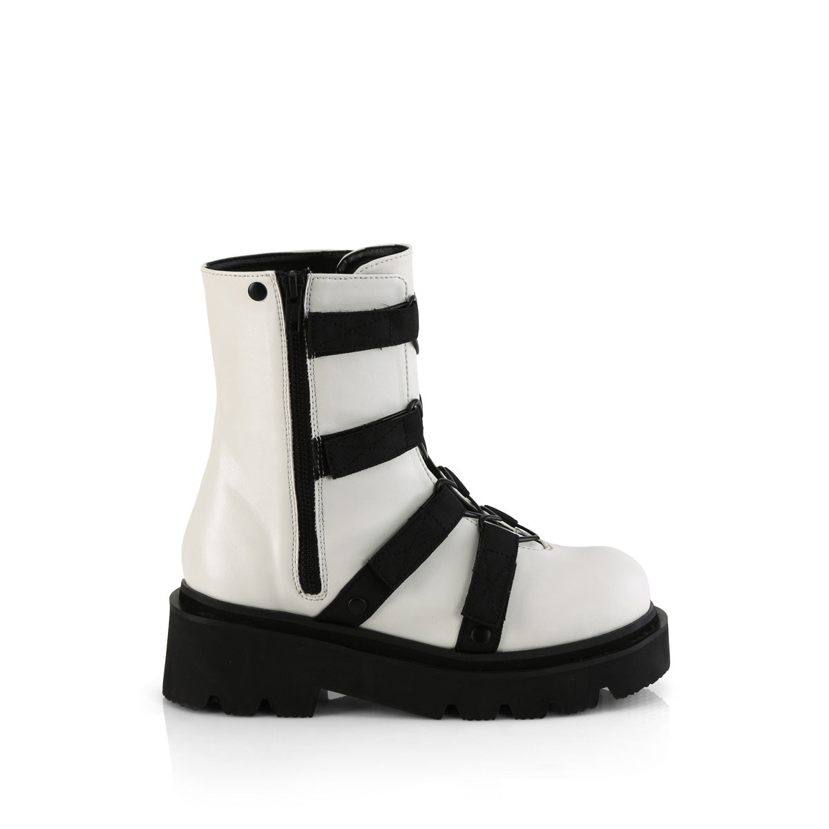 *2 1/2" Tiered PF Strappy Ankle Boot, Outer Side Zip (Demonia REGD50/BVL-NY)