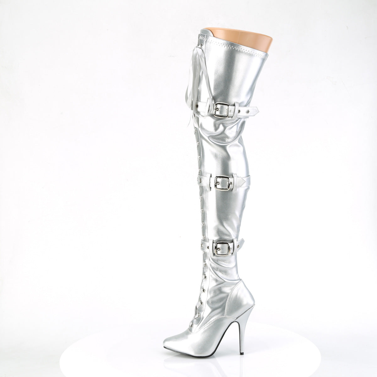 5" Heel Lace-Up Buckle Strap Stretch Thigh Boot, Side Zip (Pleaser SED3028/B)