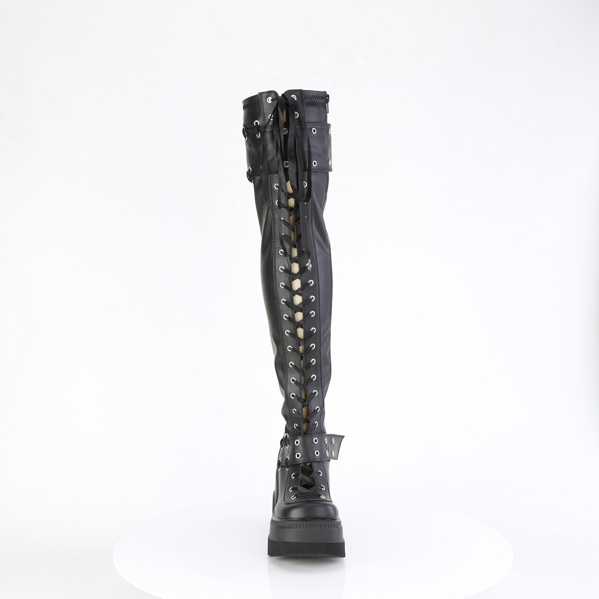 4 1/2" Wedge PF Lace-Up Stretch Thigh High Boot, Side Zip (Demonia SHA325/BVL)