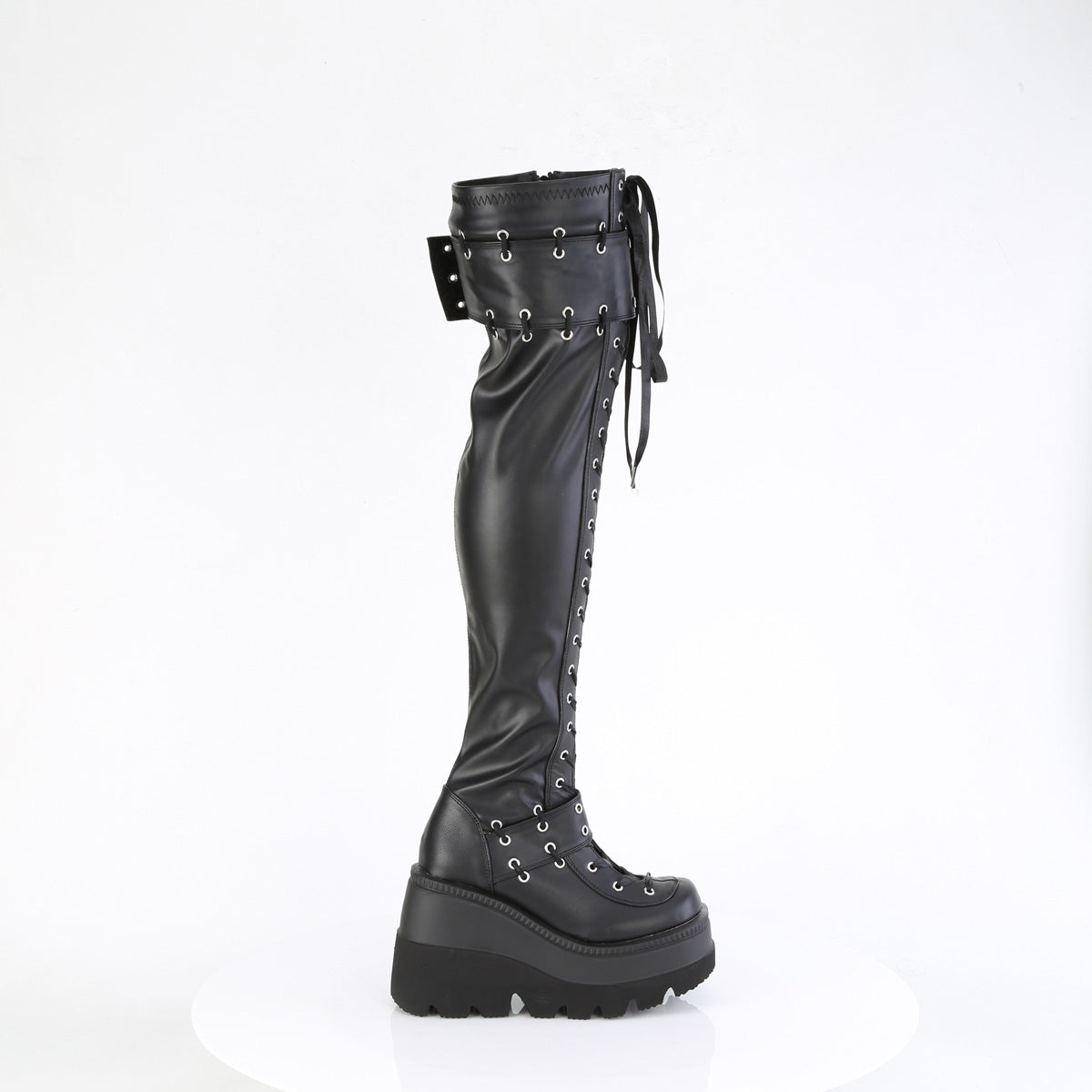 4 1/2" Wedge PF Lace-Up Stretch Thigh High Boot, Side Zip (Demonia SHA325/BVL)