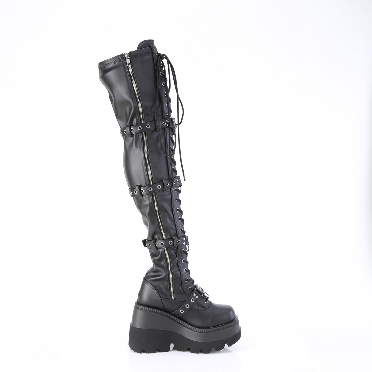 4 1/2" Wedge PF Lace-Up Stretch Thigh High Boot, Side Zip (Demonia SHA420/BVL)
