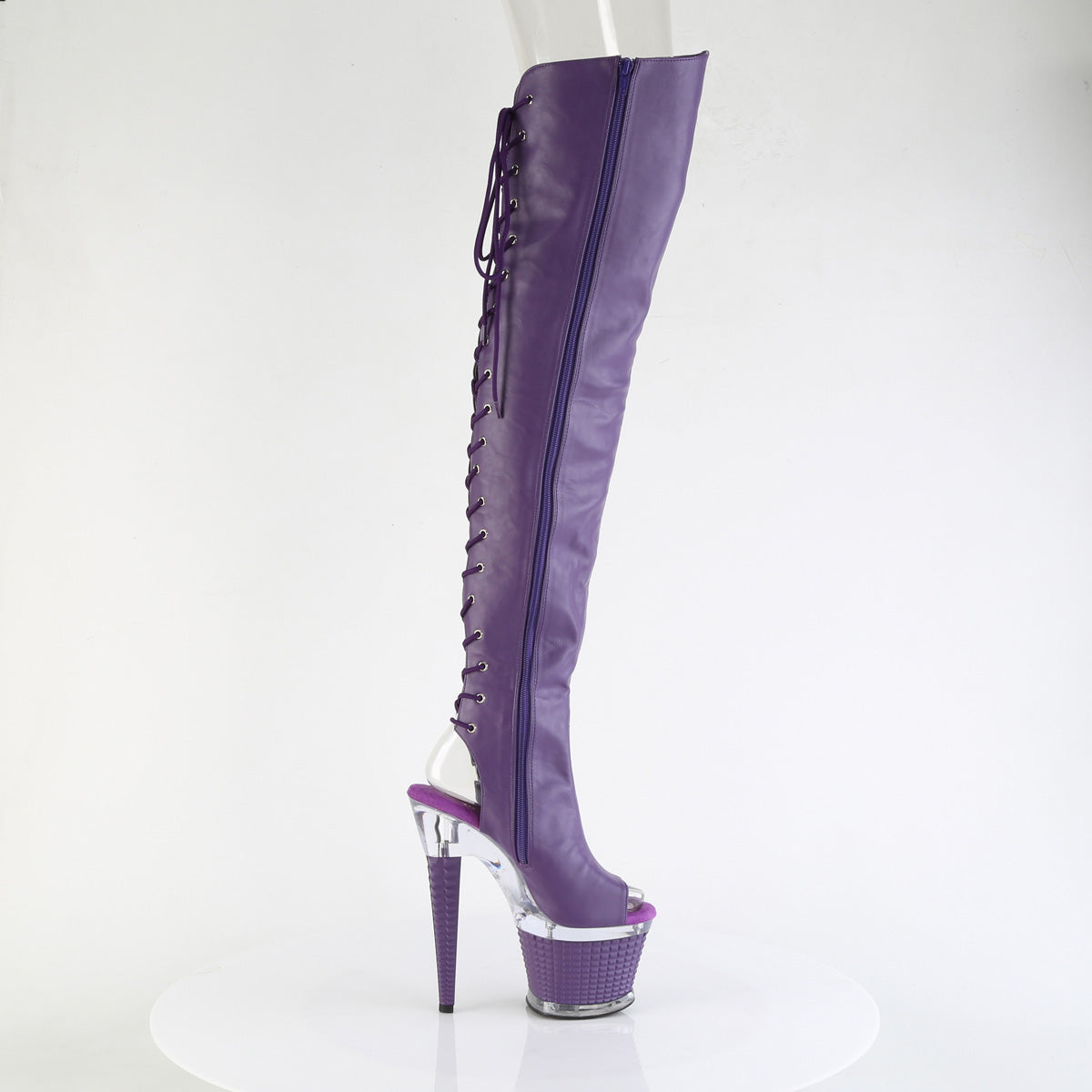 7" Heel, 3" Textured PF Lace-Up Back Thigh Boot, Side Zip (Pleaser SPEC3030/BPPU/C-BP)