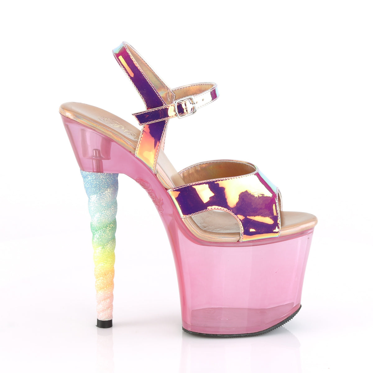 7" Heel, 3 1/4" PF Ankle Strap Sandal w/ Unicorn Heel (Pleaser UNI711T/PNTPU/BGUMPN)