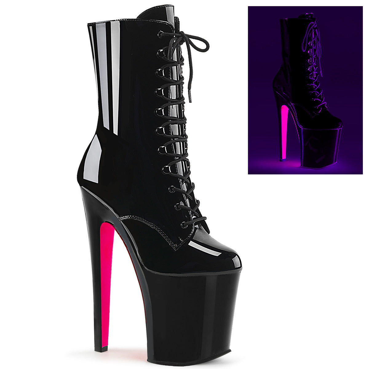 8" Heel, 4" PF Lace-up Two Tone Ankle Boot, Side Zip (Pleaser XTM1020TT/B/B-NHP)