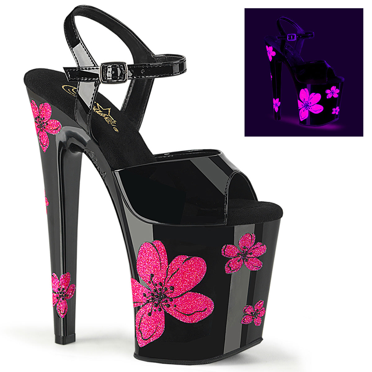8" Heel, 4" PF Ankle Strap Sandal w/Hibiscus Flowers (Pleaser XTM809HB/B/B-NPNK)