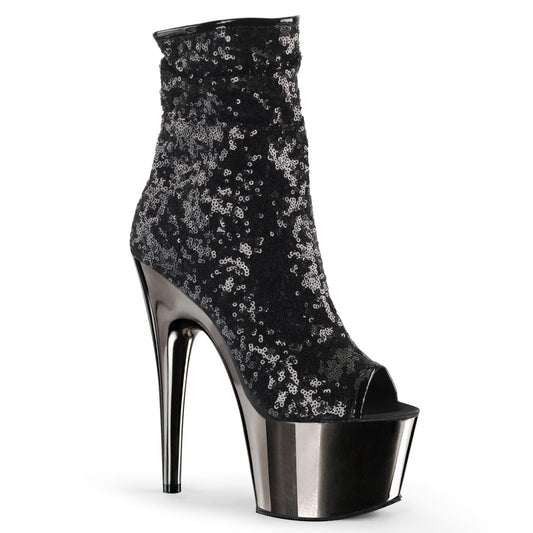 *7" Heel, 2 3/4" PF Peep Toe Sequins Ankle Boot, Side Zip (Pleaser ADO1008SQ/B/PWCH)