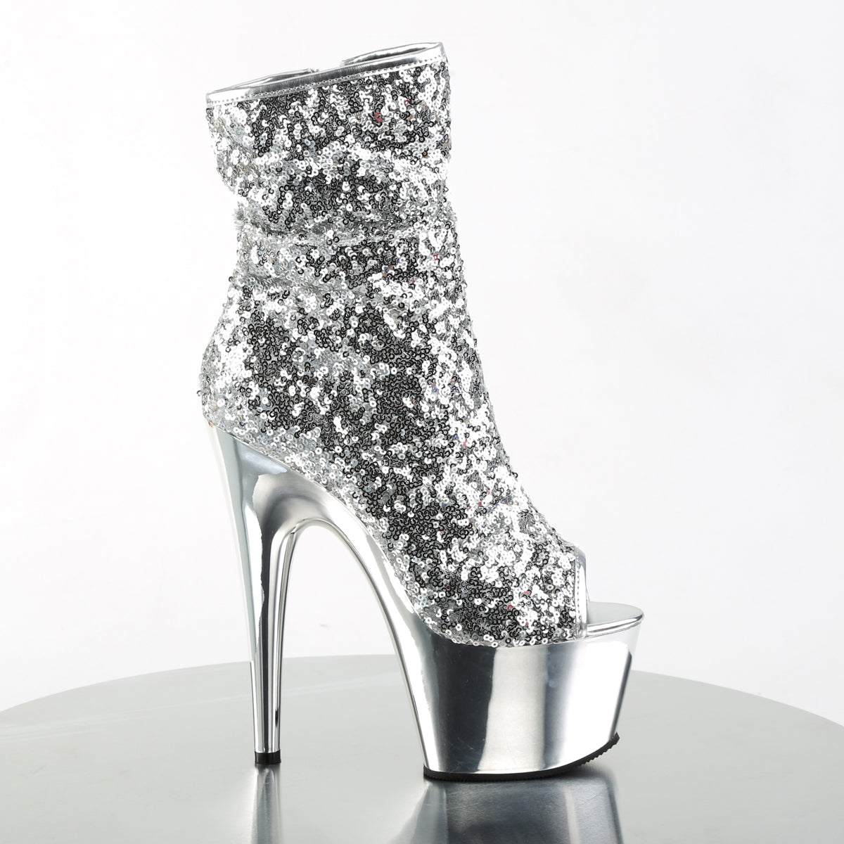 *7" Heel, 2 3/4" PF Peep Toe Sequins Ankle Boot, Side Zip (Pleaser ADO1008SQ/B/PWCH)