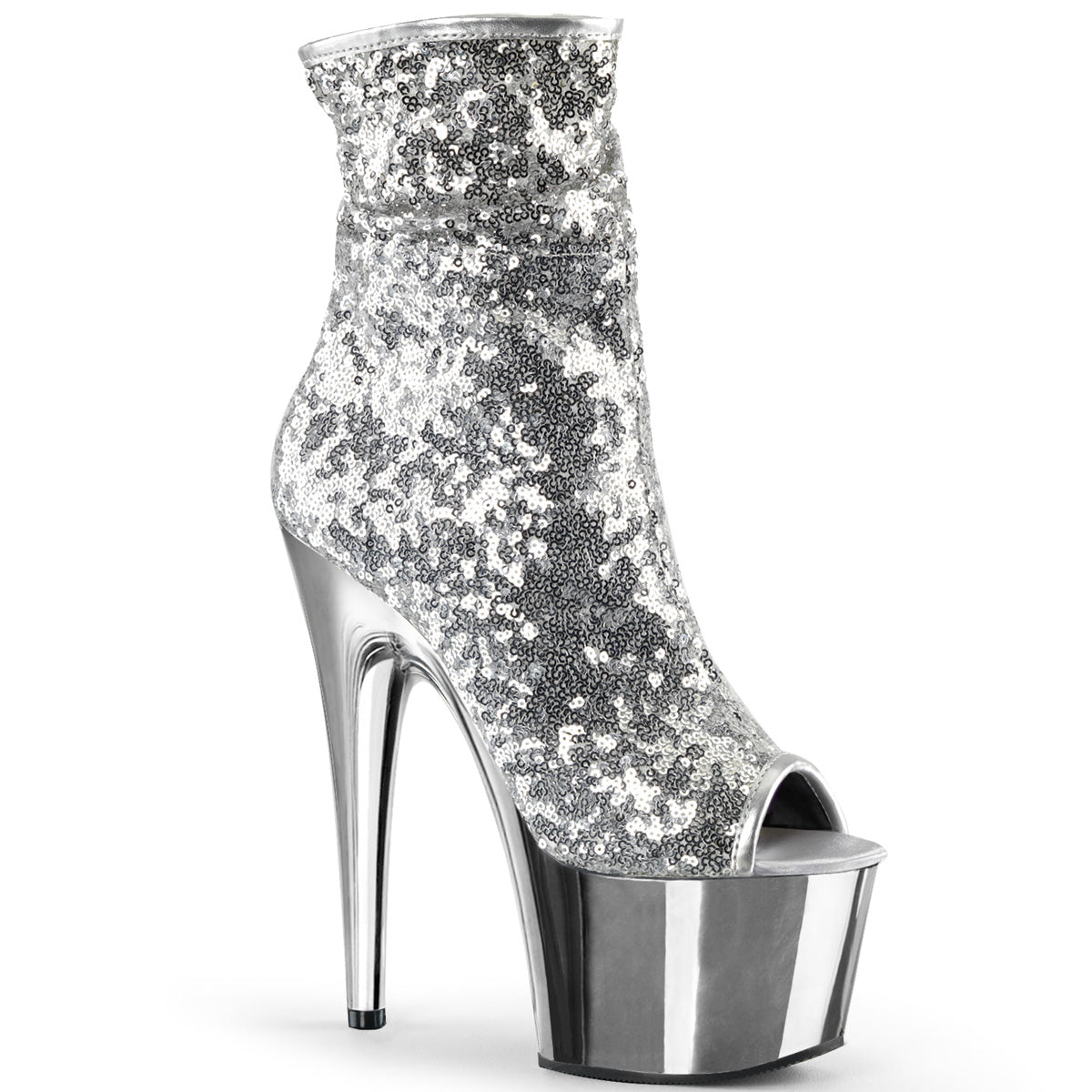 *7" Heel, 2 3/4" PF Peep Toe Sequins Ankle Boot, Side Zip (Pleaser ADO1008SQ/B/PWCH)