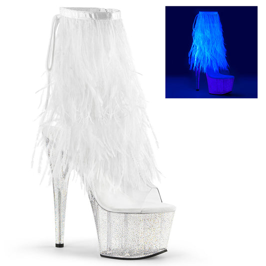 *7" Heel, 2 3/4" PF Marabou Fur Fringe Ankle Boot, Side Zip (Pleaser ADO1017MFF/C-W/C)