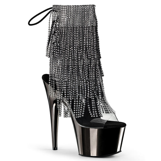 7" Heel, 2 3/4" PF Open Toe/Heel Lace-Up Fringe Ankle Boot (Pleaser ADO1017RSF/C-B/PWCH)