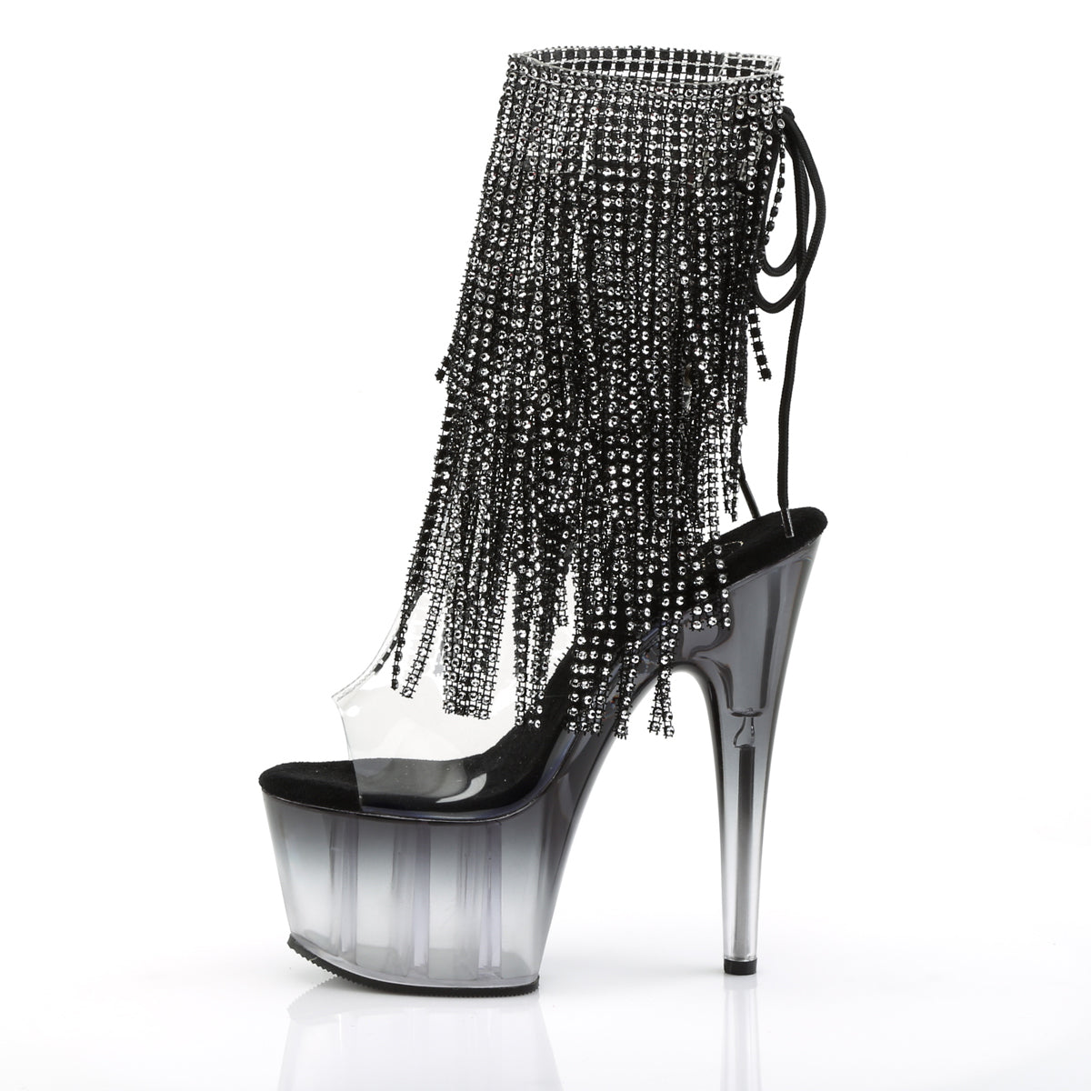 7" Heel, 2 3/4" PF Open Toe/Heel Lace-Up Fringe Ankle Boot (Pleaser ADO1017RSFT/C-B/M)
