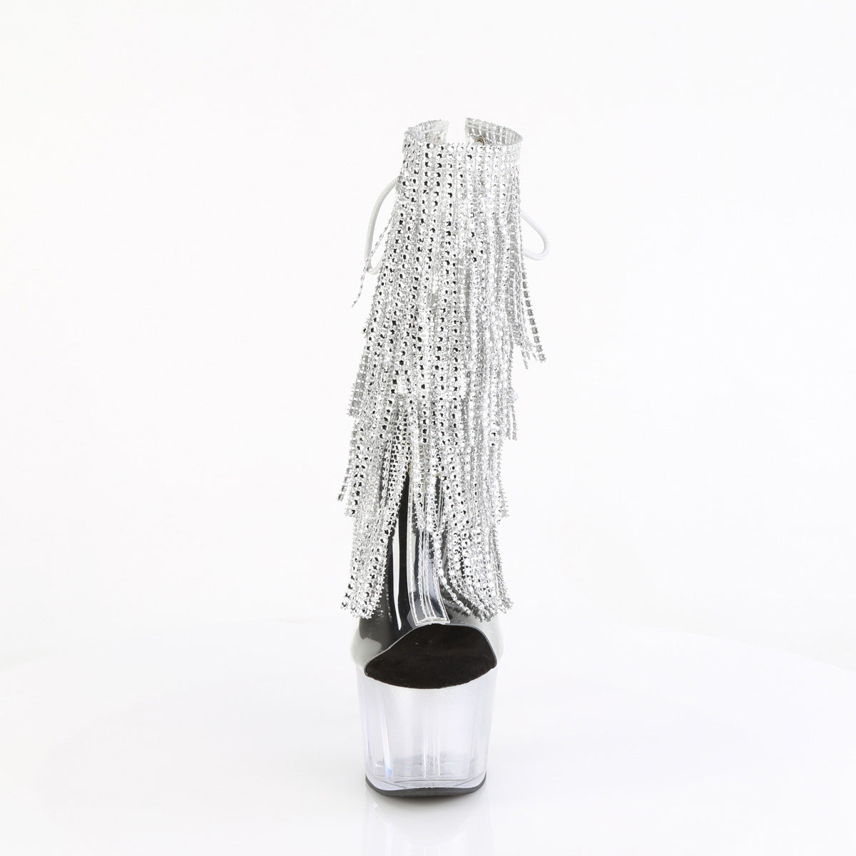 7" Heel, 2 3/4" PF Open Toe/Heel Lace-Up Fringe Ankle Boot (Pleaser ADO1017RSFT/C-B/M)