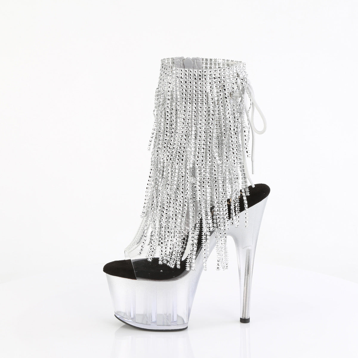 7" Heel, 2 3/4" PF Open Toe/Heel Lace-Up Fringe Ankle Boot (Pleaser ADO1017RSFT/C-B/M)