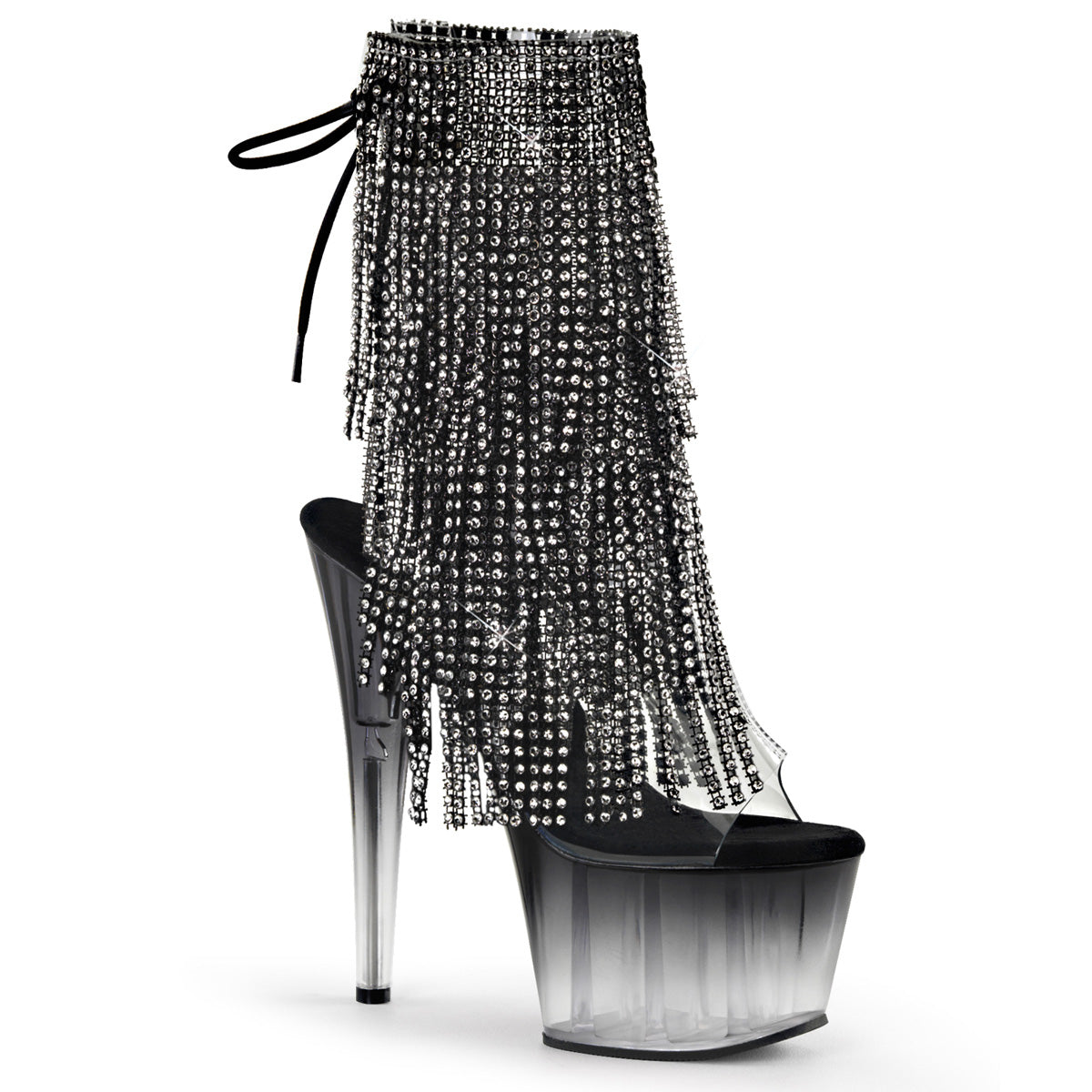 7" Heel, 2 3/4" PF Open Toe/Heel Lace-Up Fringe Ankle Boot (Pleaser ADO1017RSFT/C-B/M)