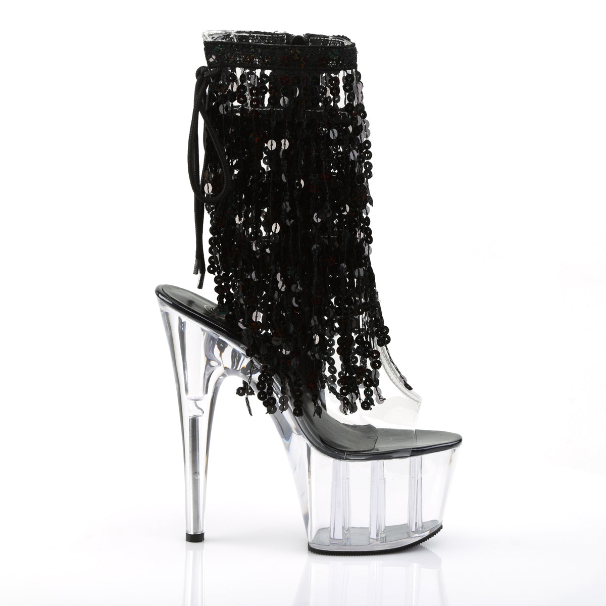 *7" Heel, 2 3/4" PF Sequins Fringe Ankle Boot, Side Zip (Pleaser ADO1017SQF/C-B/C)