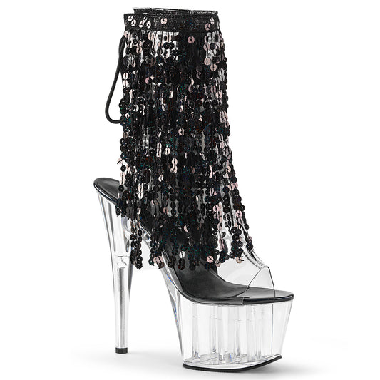 *7" Heel, 2 3/4" PF Sequins Fringe Ankle Boot, Side Zip (Pleaser ADO1017SQF/C-B/C)