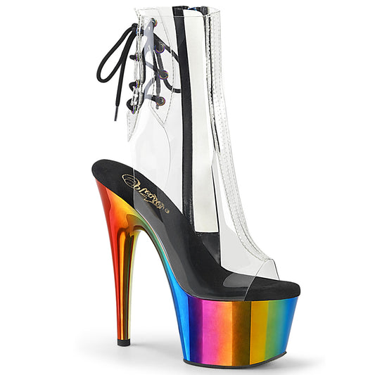 *7" Heel, 2 3/4" Chromed PF Open Toe Ankle Boot, Side Zip (Pleaser ADO1018RC/C/RBOWCH)