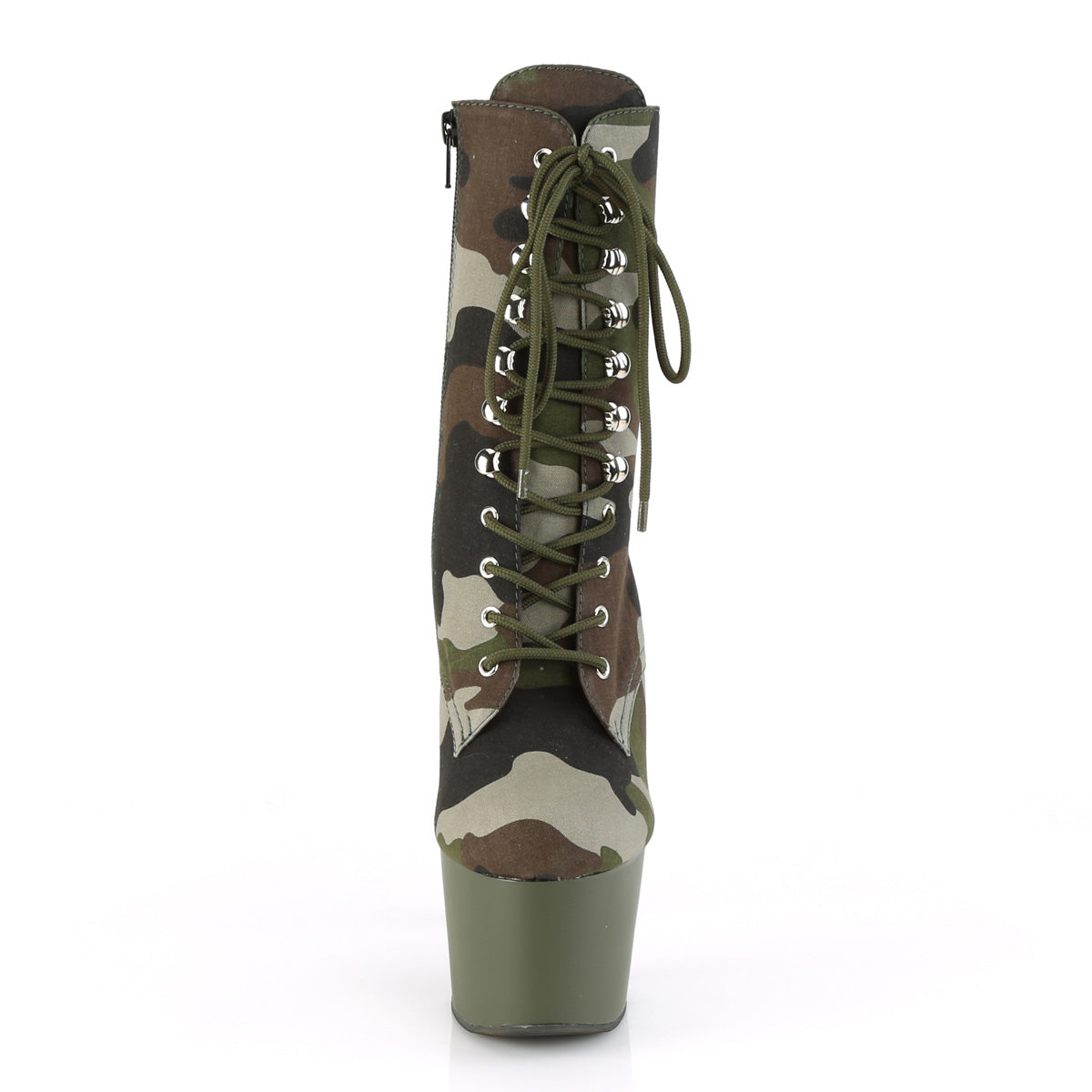 *7" Heel, 2 3/4" PF Lace-Up Ankle Boot, Side Zip (Pleaser ADO1020CAMO/GRN/DOL)