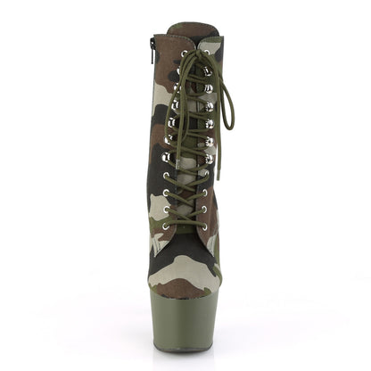 *7" Heel, 2 3/4" PF Lace-Up Ankle Boot, Side Zip (Pleaser ADO1020CAMO/GRN/DOL)