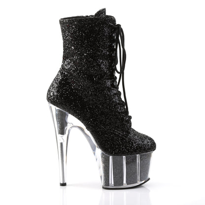 7" Heel, 2 3/4" PF Lace-Up Glitter Ankle Boot, Side Zip (Pleaser ADO1020G/B/M)